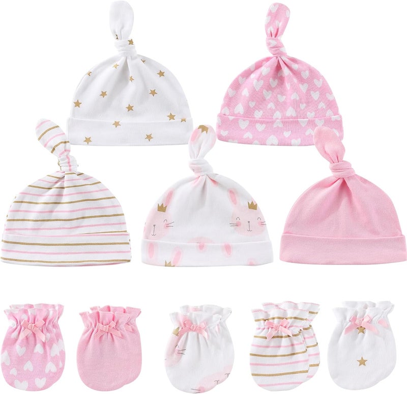 MAMIMAKA Baby Hat and Mittens Set Newborn Baby Hats Caps for Baby Boys Girls 0-6 Months 100% Cotton - Image 1